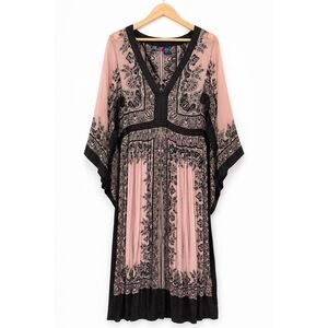 Phool Paisley Boho Kaftan Dress Size S Pink Black Rayon Midi Caftan Whimsigoth